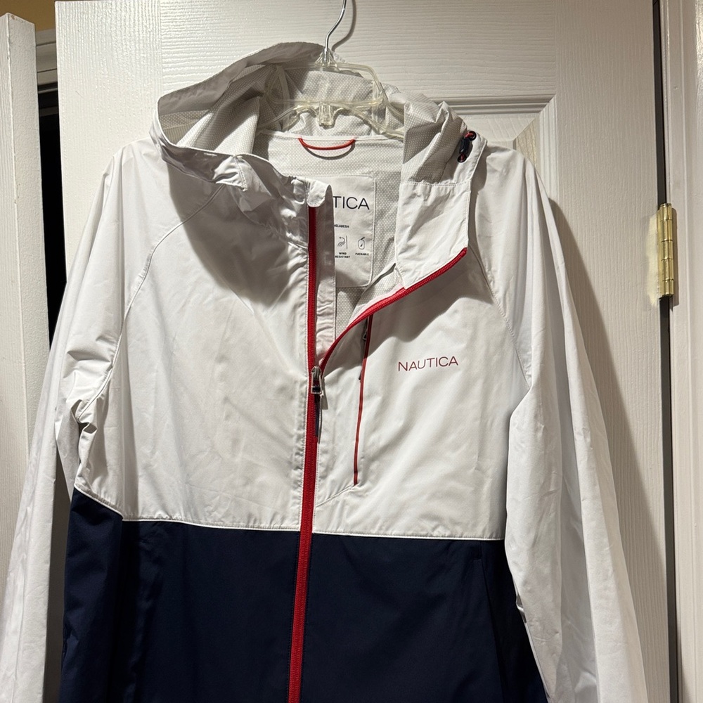 Nautica White, Navy & Red Colorblock Hooded Windbreaker